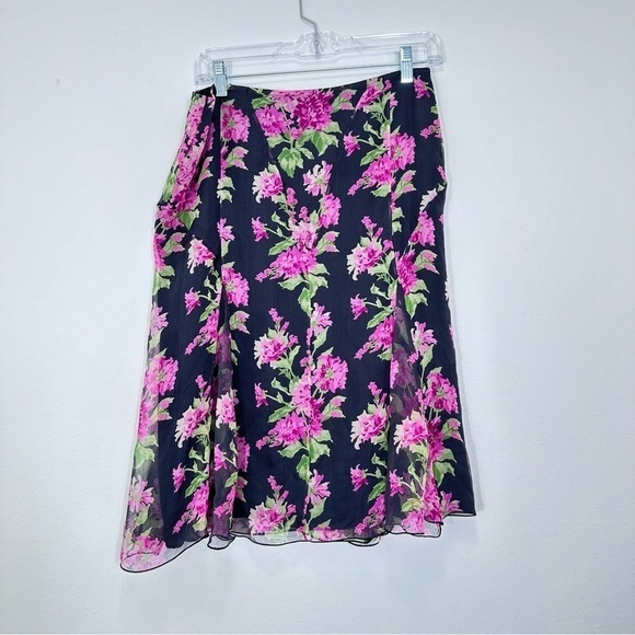 MaxMara Vintage 90s‎ Silk Tulip Pink and Black Floral Flowy Midi Skirt Size 8 - Picture 1 of 6
